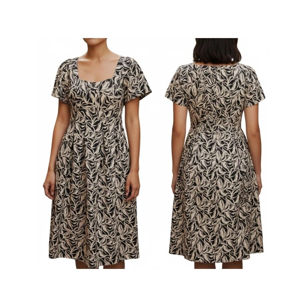 Leaf Print Midi Dress, Square Neck, Short Sleeve, Casual Sun Dress